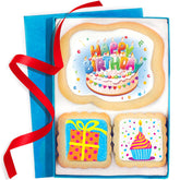 OMCookie front packaging showing three decorated birthday cookies, gift-ready