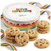 OMCookie tin front view showing birthday ribbon and gift-ready presentation