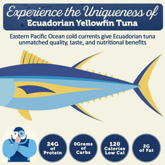 ONBOARD open can revealing yellowfin tuna loins in spring water for convenience