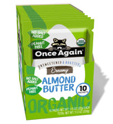 Once Again front packaging showing box of single-serve almond butter packets and convenience benefit