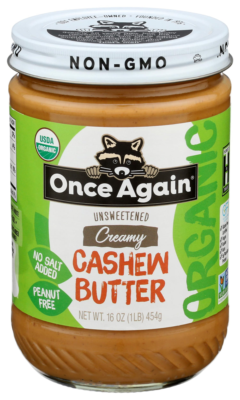 Once Again cashew butter front jar showing organic label and benefits
