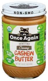 Once Again cashew butter front jar showing organic label and benefits