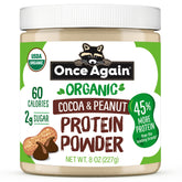 Once Again front package showing chocolate peanut protein, highlights convenience