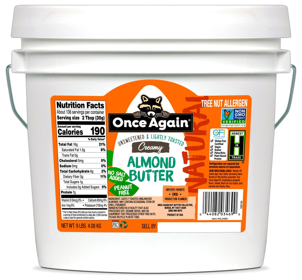 Once Again front of 9 lb bucket showing label and size, clear product identity benefit
