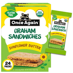Once Again front packaging showing gluten-free sandwich crackers and organic branding benefit: clear product identity