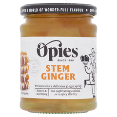 Opies stem ginger jar front view showing preserved pieces and versatile use