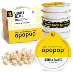 OPOPOP front packaging showing six lightly salted pop cups and benefits