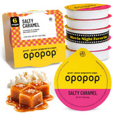 OPOPOP front packaging showing six salty caramel pop cups and convenience