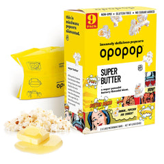 Opopop front packaging showing Super Butter flavor and nine-count convenience