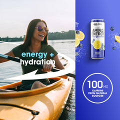 Optimum Nutrition blueberry lemonade pouring into glass illustrating vibrant color and fizz.