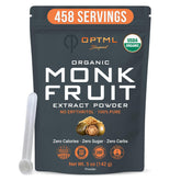 OPTML front packaging of monk fruit powder showing label and servings for clear product info