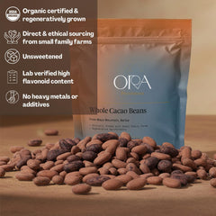 Close-up of Ora cacao beans texture highlighting roast and rich chocolate notes