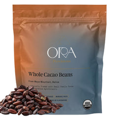 Ora Pure Ceremonial Cacao front packaging showing organic 10oz bag and benefits