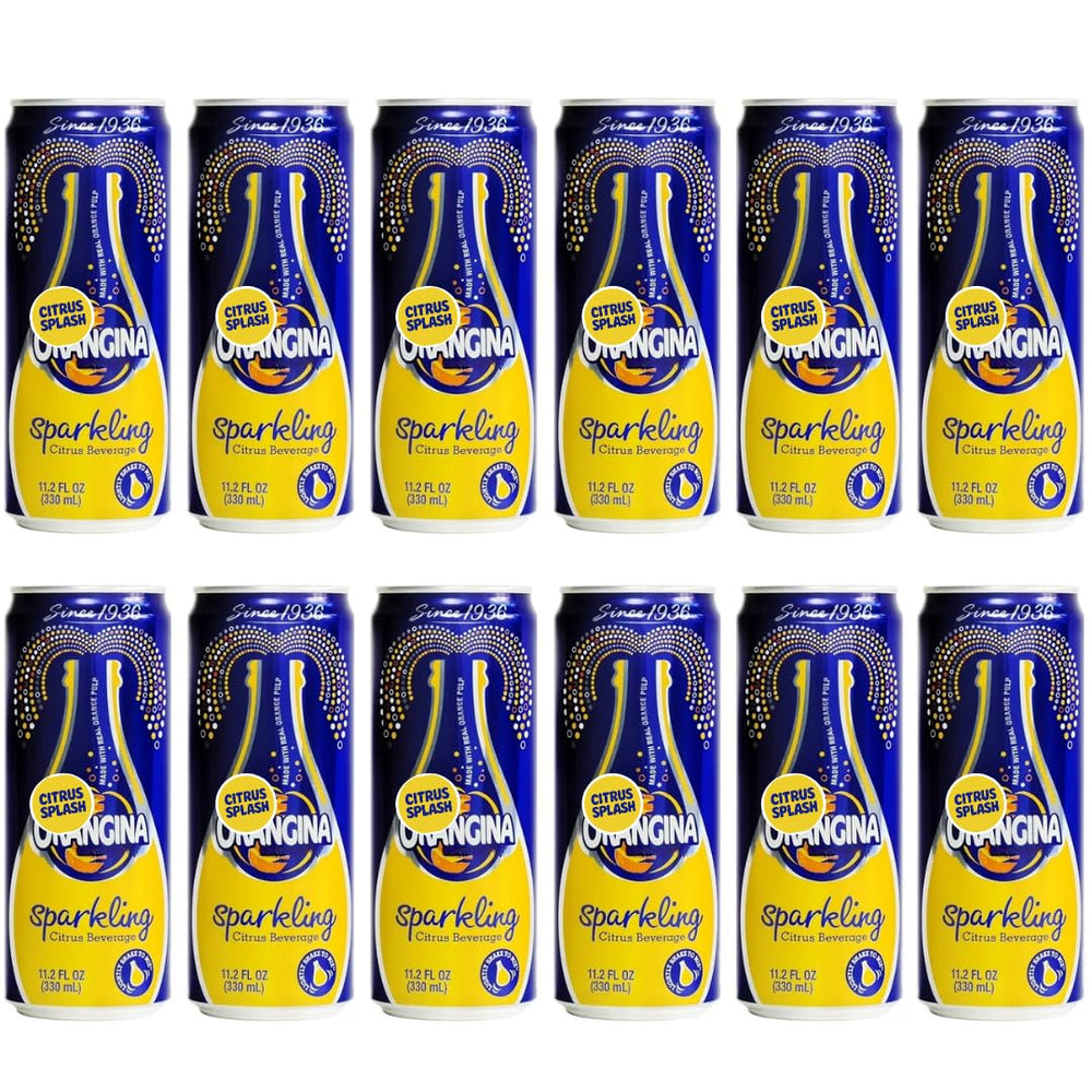 Orangena front can shot showing label and refreshing citrus appeal