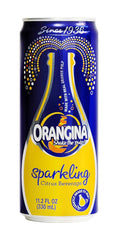 Orangina can opened top view with visible carbonation, brand convenience