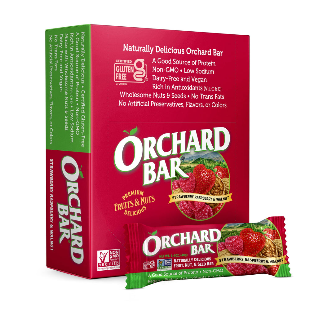 Orchard Bar front packaging showing 12-pack and natural ingredients for convenient snacking