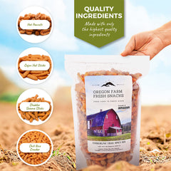 OREGON FARM FRESH SNACKS close-up of chili peanuts texture, delivers crunchy spicy satisfaction