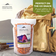 OREGON FARM FRESH SNACKS ingredients spread showing peanuts crackers and sesame sticks, shows quality components