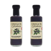 Oregon Growers bottle front label showing boysenberry syrup and vibrant branding