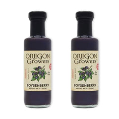 Oregon Growers bottle front label showing boysenberry syrup and vibrant branding