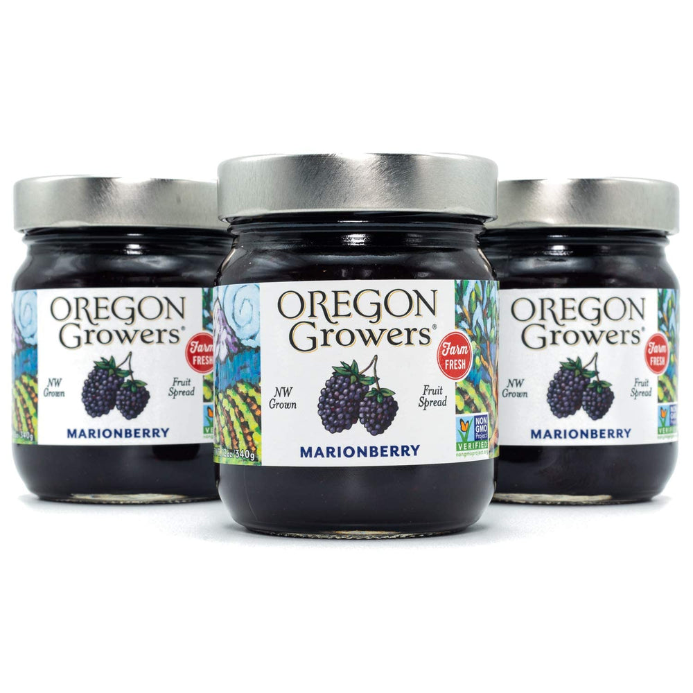 Oregon Growers front label showing marionberry jar and brand promise