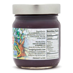 Oregon Growers jar open with dark marionberry spread ready to serve