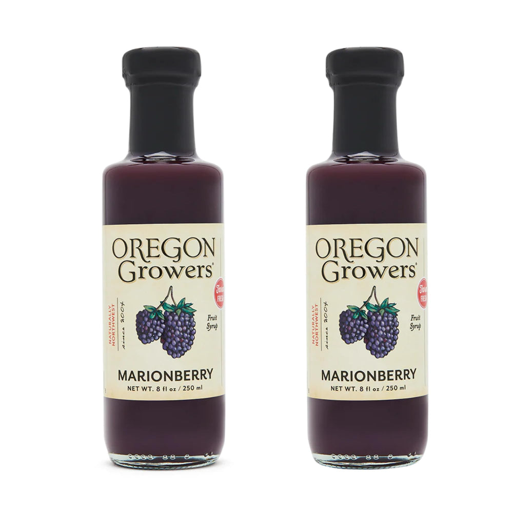 Oregon Growers marionberry syrup front bottle showing vibrant label and quality