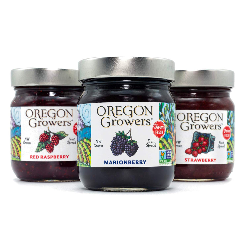 Oregon Growers variety pack front view showcasing three jars and labels, great for gifting