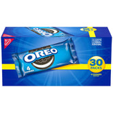 OREO front box packaging showing 30 snack packs and portability benefit