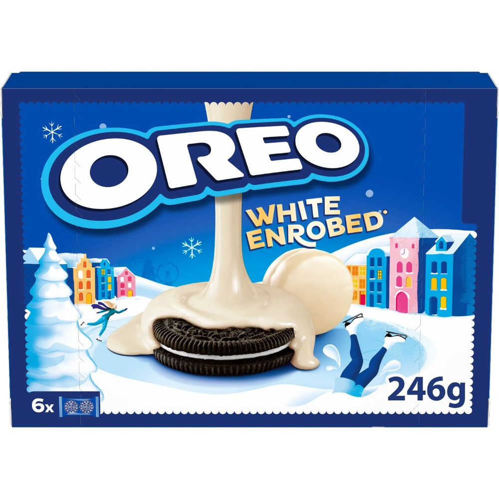 Oreo front packaging showing snowy enrobed white chocolate coating and brand