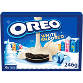 Oreo front packaging showing snowy enrobed white chocolate coating and brand