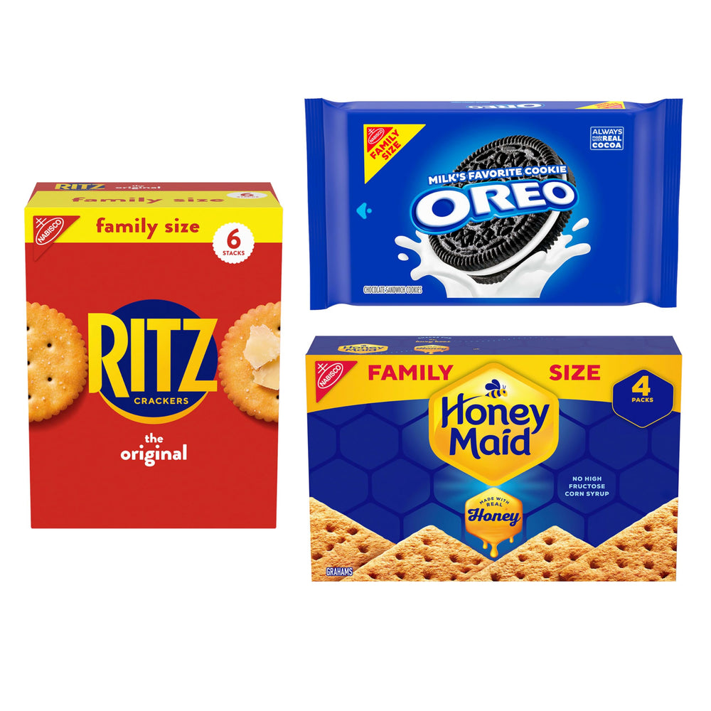 OREO RITZ Honey Maid variety pack front view showing brand trio and convenience