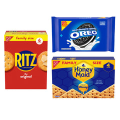 OREO RITZ Honey Maid variety pack front view showing brand trio and convenience