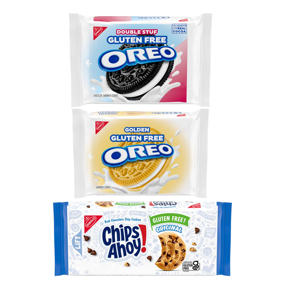 OREO variety pack front view showing three resealable gluten free packs and benefits