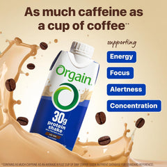Hand holding Orgain bottle demonstrates 11oz bottle size and portability