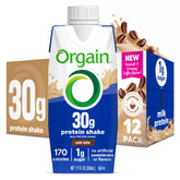 Orgain bottle front packaging shows café latte flavor and protein amount