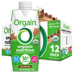Orgain front packaging showing café mocha label and organic certification benefit