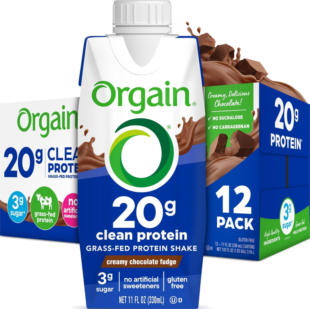 Orgain front packaging showing chocolate shake and convenient 11 oz bottle benefit portability