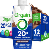 Orgain front packaging showing chocolate shake and convenient 11 oz bottle benefit portability