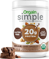 Orgain chocolate front packaging showing clean ingredient callouts and 20g protein