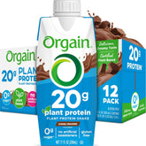 Orgain front packaging showing chocolate shake and 12-pack convenience benefit