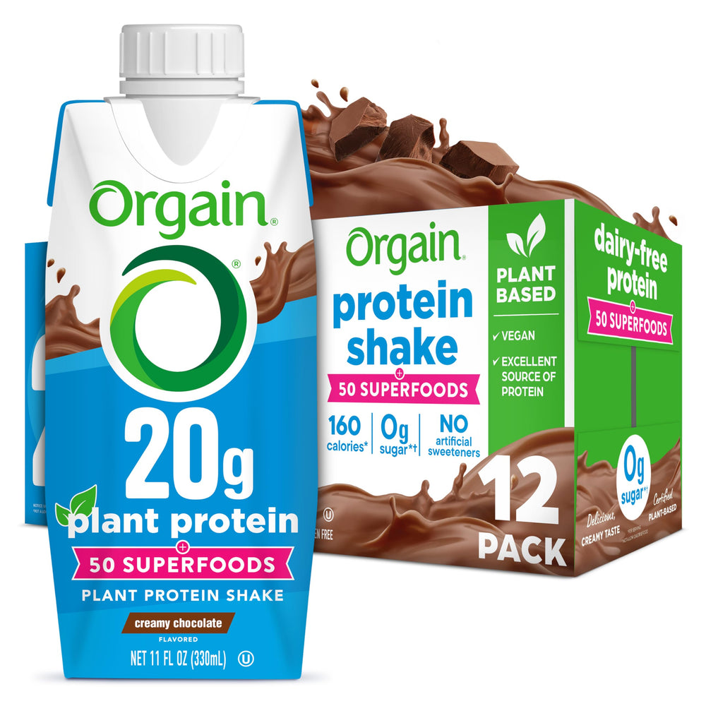 Orgain chocolate shake front packaging showing product benefits and branding