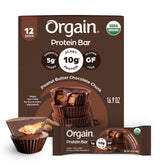 Orgain front packaging shows Peanut Butter Chocolate Chunk benefits and organic label