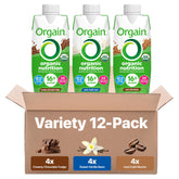 Orgain front packaging variety pack showing four flavors and benefits