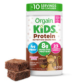 Orgain front packaging of Chocolate Brownie kids protein powder showing product benefits
