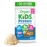 Orgain front packaging showing Kids vanilla bean ice cream and benefits