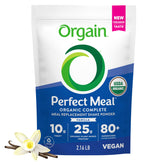 Orgain front package showing Perfect Meal vanilla and benefits on label