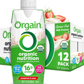 Orgain strawberries and cream front packaging showing product appeal and nutrition