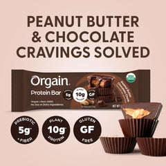 Orgain texture close-up displays chocolate chunks and peanut pieces for rich taste