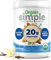 Orgain front packaging of vanilla protein powder showing label and size benefits